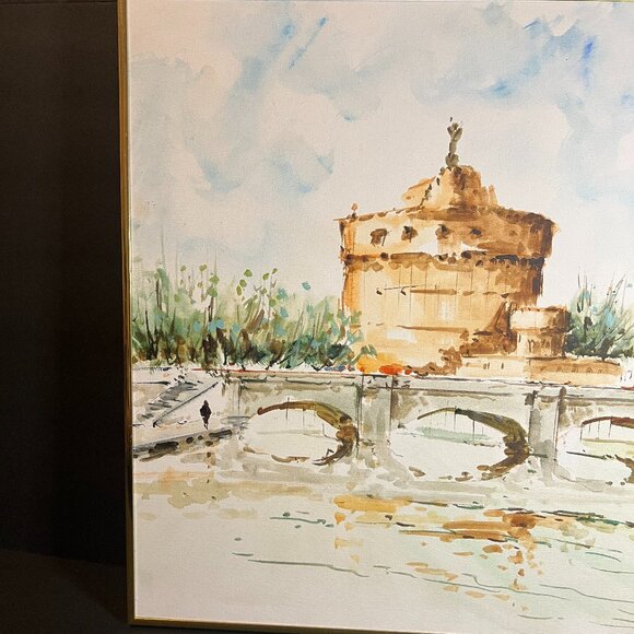Original Signed Ponte St Angelo Rome Bridge & Castle Framed Watercolor Painting - Picture 3 of 7